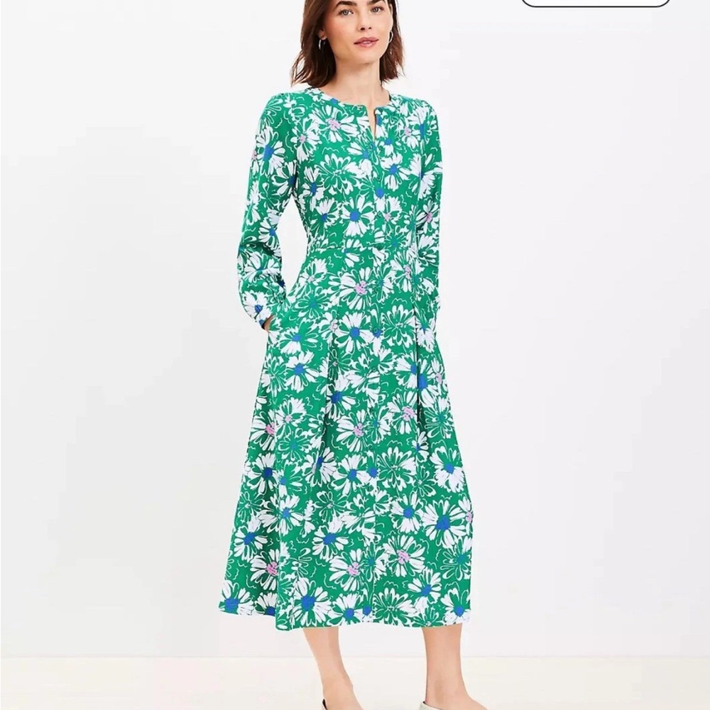 NWT Loft Green Floral Button Front Long Sleeve Dress with Pockets 6P new